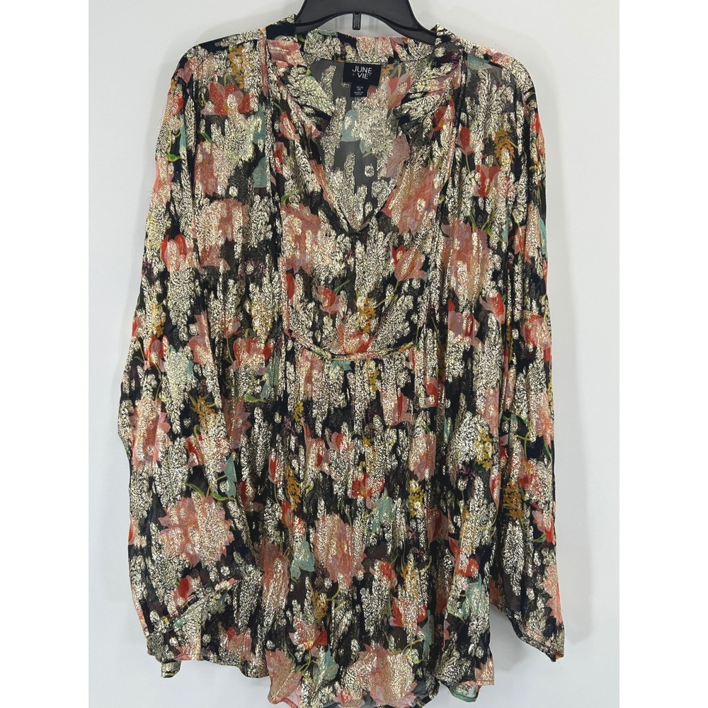 June + Vie Metallic Floral Blouse 2X Boho Peasant Top Shimmering Artsy Luxe - Picture 2 of 9